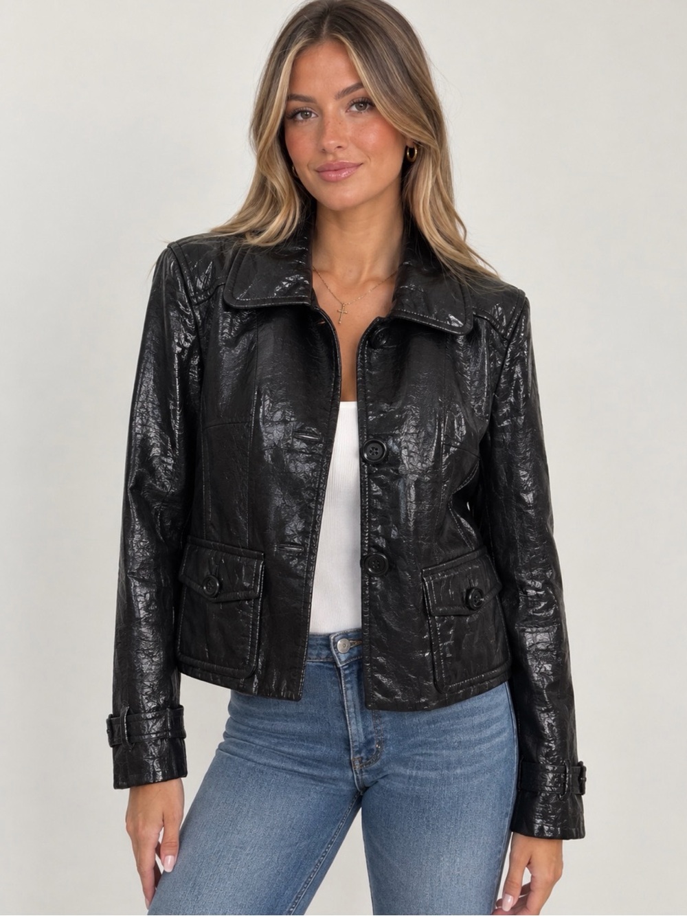 Talbots Black Patent Faux Leather Jacket Vintage Y2K Size Medium